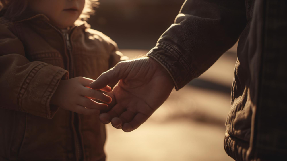 A child holds the hand of a man.
